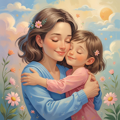 An adult woman gently hugging her inner child, soft pastel tones, emotional healing concept