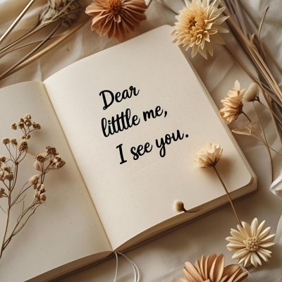 Open journal with handwritten message 'Dear little me, I see you.' surrounded by warm light and dried flowers